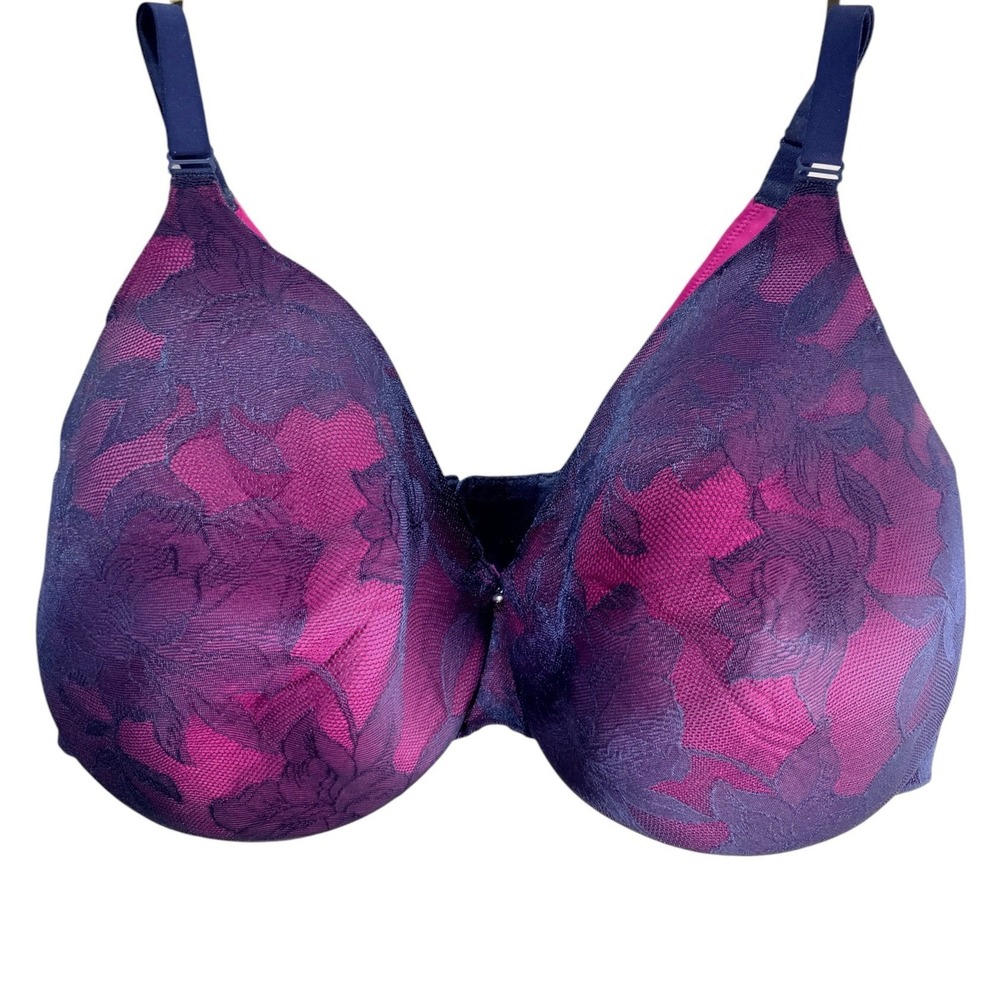 Cacique Underwire Bra Womens 42H Pink Navy Lined Floral Lace Full Coverage